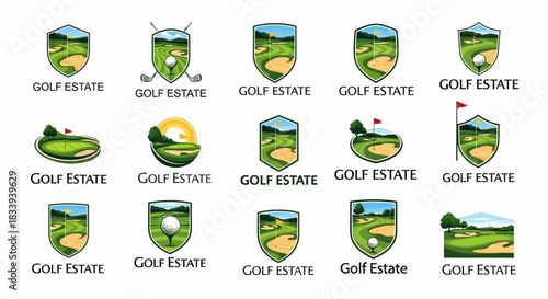 Collection of diverse vector golf course logos and design elements for branding
