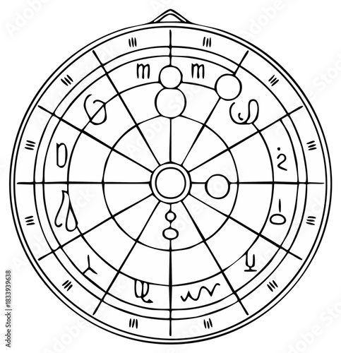 Mystical Zodiac Wheel with Celestial Symbols and Astrological Chart