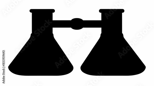 Silhouette of laboratory glassware with two flasks connected by a horizontal bar design element