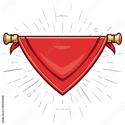 Vibrant red bandana displayed on golden pole with radiant starburst effect