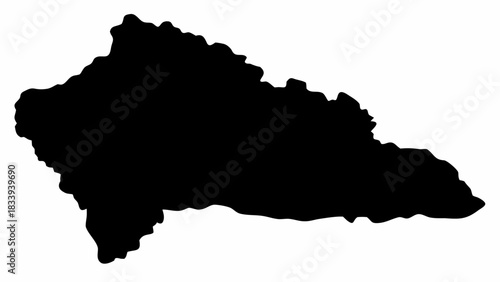 A black silhouette of a landmass with an irregular border and a peninsula extending to the right side