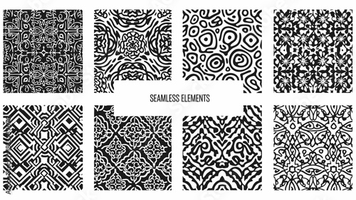 Collection of eight diverse and intricate seamless patterns in black and white offering variety