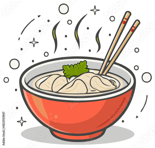 Vibrant Vector Illustration of Steaming Hot Asian Noodles with Dumplings and Chopsticks