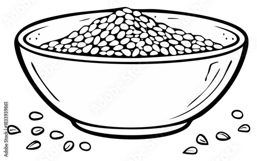 Hand drawn black and white illustration of a full bowl of lentils or grains for healthy eating.