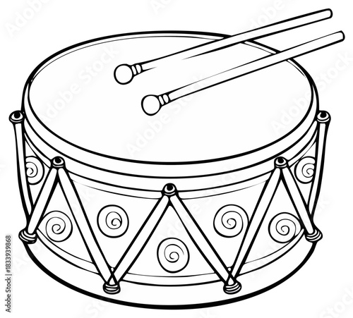Detailed vector line art illustration of a classic percussion instrument a drum with two sticks