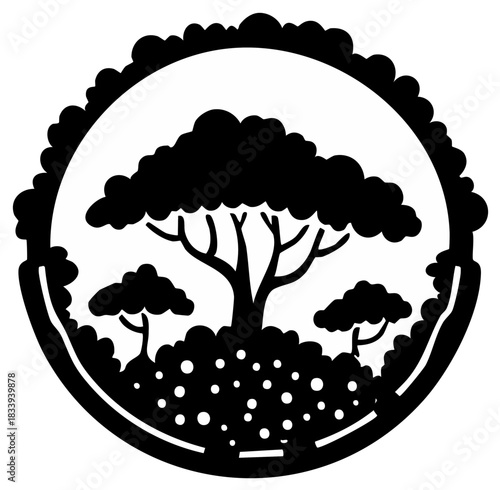 Black and white silhouette of an African savanna landscape with an acacia tree in a round emblem.