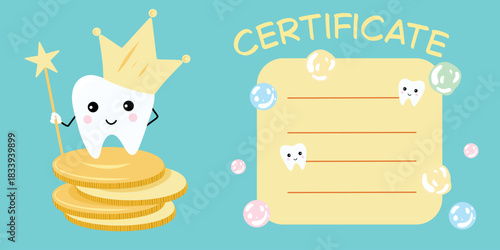 Tooth reward certificate, gold coin. Dental achievement certificate, kids prize. Pediatric tooth award, printable certificate