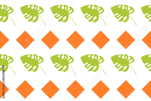 Tropical seamless pattern with green monstera leaves and orange diamond shapes, ideal for fabric, packaging, wallpaper, and modern decorative design projects.