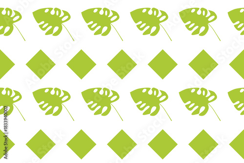 Seamless tropical pattern featuring green monstera leaves and matching green diamond shapes, perfect for fabric, packaging, wallpaper, and modern decorative design projects.