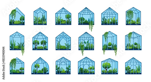 Collection of greenhouse designs with diverse plant life for botanical illustrations, showcasing