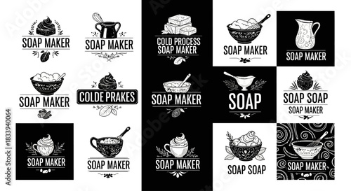 Collection of handcrafted soap maker logo designs in black and white monochrome style