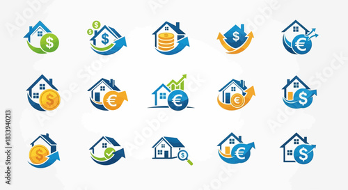 Collection of house and financial growth logo vectors suitable for real estate investment