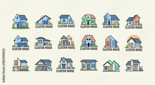 Collection of illustrated cluster house designs with various architectural styles for real estate