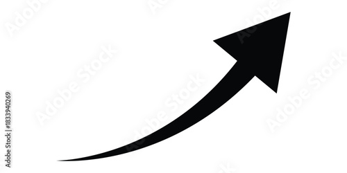 Black curved upward arrow showing growth, progress and rising trend on white background