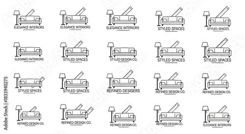 Collection of interior design logos featuring minimalist furniture and decoration elements