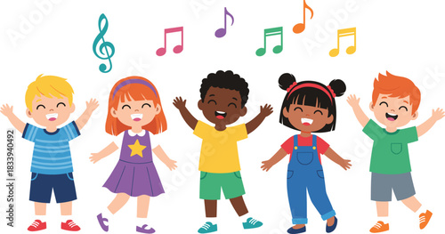 Cheerful vector of five diverse cartoon children dancing and singing with colorful music notes surrounding