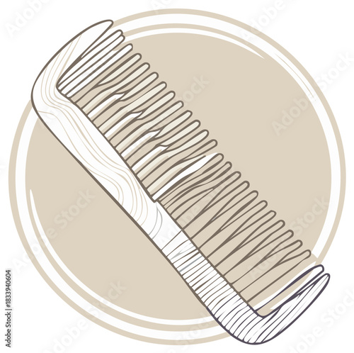 Wooden Hair Comb Illustration With Natural Grain Detail In Circle