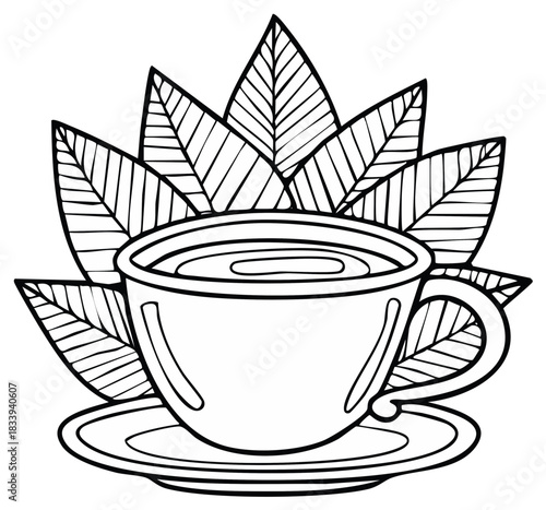 Hand drawn cup of tea or coffee with leaves black and white coloring page illustration
