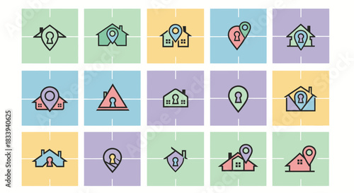 Collection of minimalist house and location pin icon logo designs on pastel squares