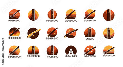Collection of minimalist didgeridoo logo designs with earthy tones and simple shapes