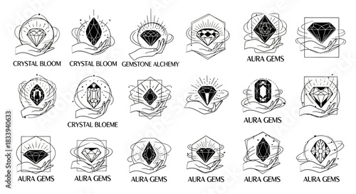 Collection of minimalist hand-drawn gemstone and crystal logos for brand identity design