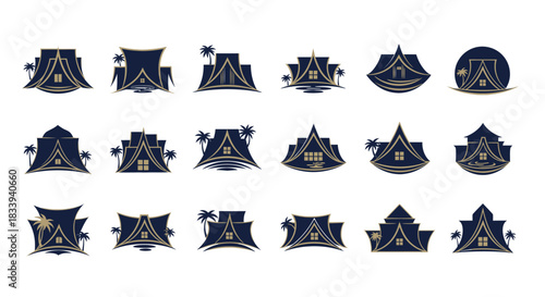Collection of minimalist luxury beach resort and tropical villa logo designs featuring palm trees