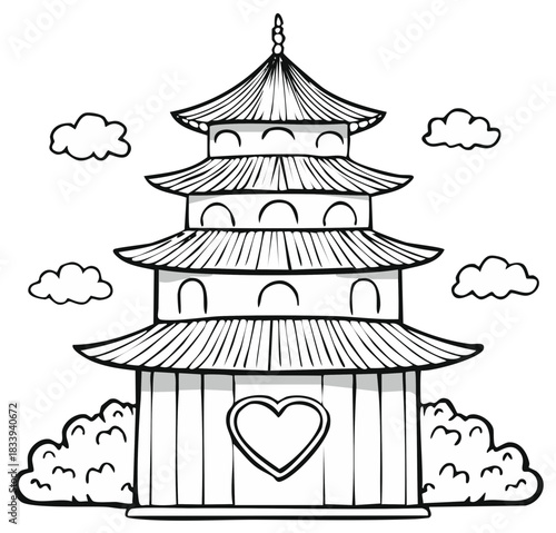 Hand drawn oriental pagoda with heart symbol, fluffy clouds, and surrounding bushes