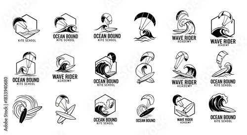 Collection of minimalist kite surfing logo designs for kite schools and academies