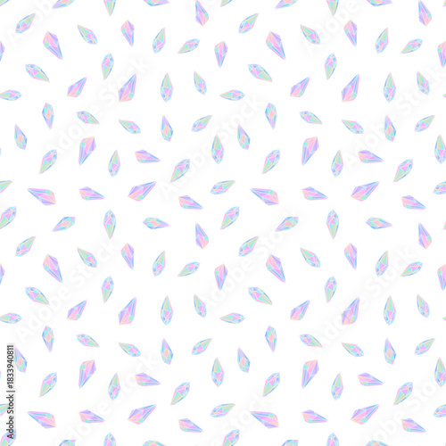 Seamless pattern with pink and blue fairytale fabulous crystals gems. Pastel soft colored gem stones on white background. Delicate tender pattern in vector. Mineral, quartz, magical stones.