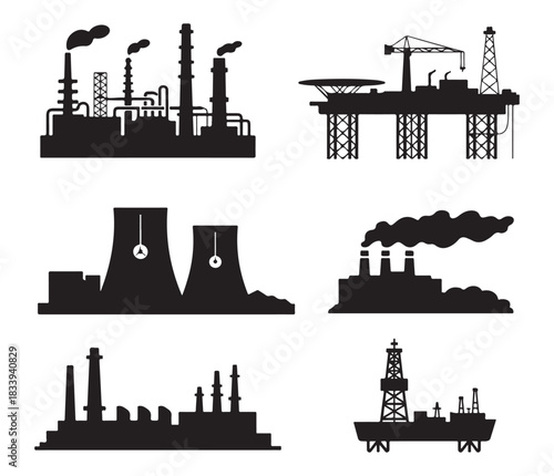 Industrial Factory Silhouettes, Power Plants, Oil Rigs, and Manufacturing Industry Icons.