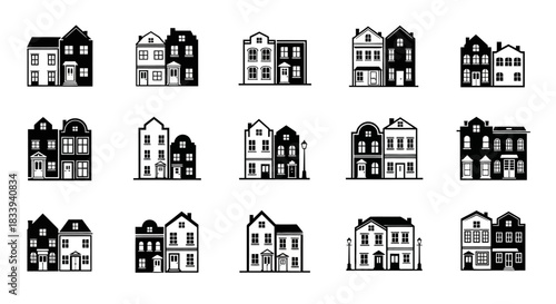 Collection of minimalistic monochrome illustrations of various historical houses and buildings