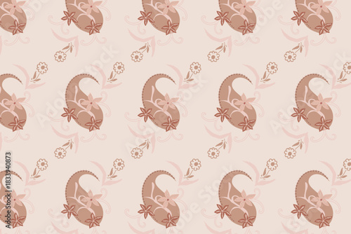 A high-contrast abstract paisley pattern in khaki and black, using flowing silhouettes for a sophisticated bohemian appeal.