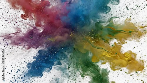 Vibrant Rainbow Color Powder Explosion Abstract Background in Studio Lighting with White Backdrop