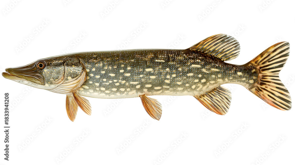 Naklejka premium Northern Pike: A detailed illustration of a Northern Pike, showcasing its streamlined body and distinctive markings. Ideal for educational or scientific purposes.