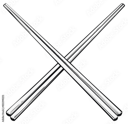 Crossed Asian chopsticks vector illustration in a black and white line art style
