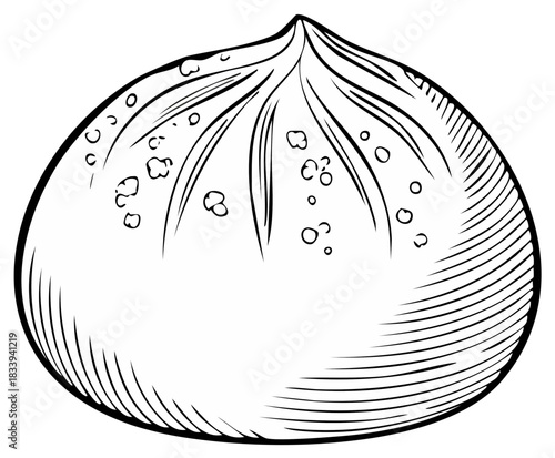 Contour line drawing of a single cooked dumpling, isolated vector illustration for culinary design projects