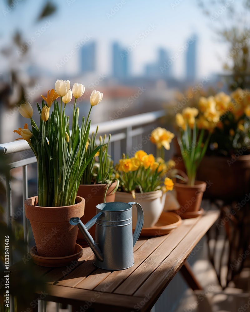 Obraz premium Sunlit balcony with potted tulips and daffodils against cityscape background