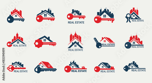 Collection of stylish and modern real estate logo designs featuring homes and keys in blue and red