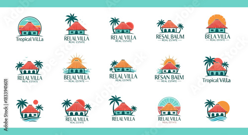 Collection of tropical villa real estate logo designs with palm trees and sun