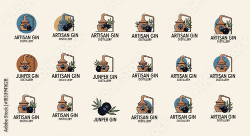 Collection of unique artisan gin and juniper gin distillery logo design elements