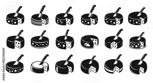 Collection of vector illustration of cheese wheels with a knife isolated on white background