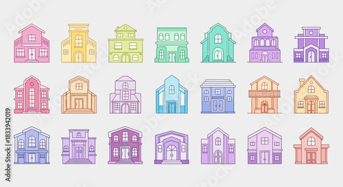 Colorful and Diverse Line Art Houses Collection Featuring Unique Architectural Designs