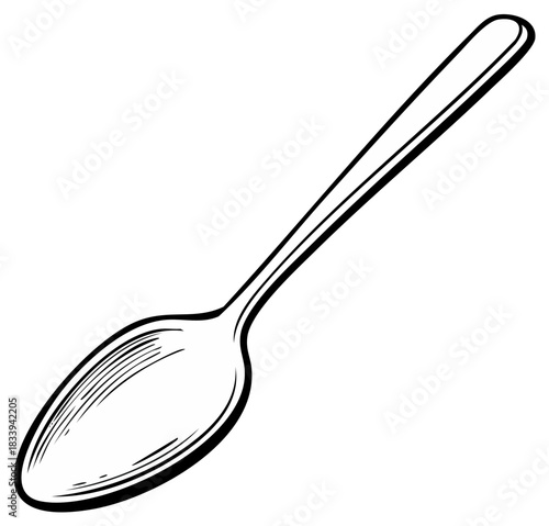 Monochrome illustration of an ornate spoon for cooking and dining purposes in kitchen environments