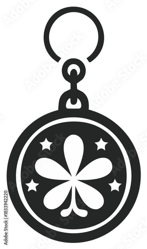 Circular charm pendant with flower and stars design, stylized illustration