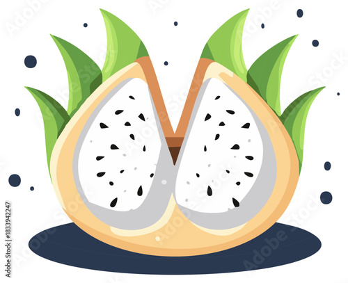 Vibrant exotic dragon fruit illustration cut in half, showcasing fresh white flesh with black seeds and green leaves