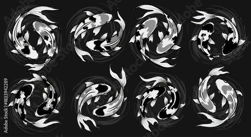 Elegant black and white koi fish illustration creating harmonious circular patterns