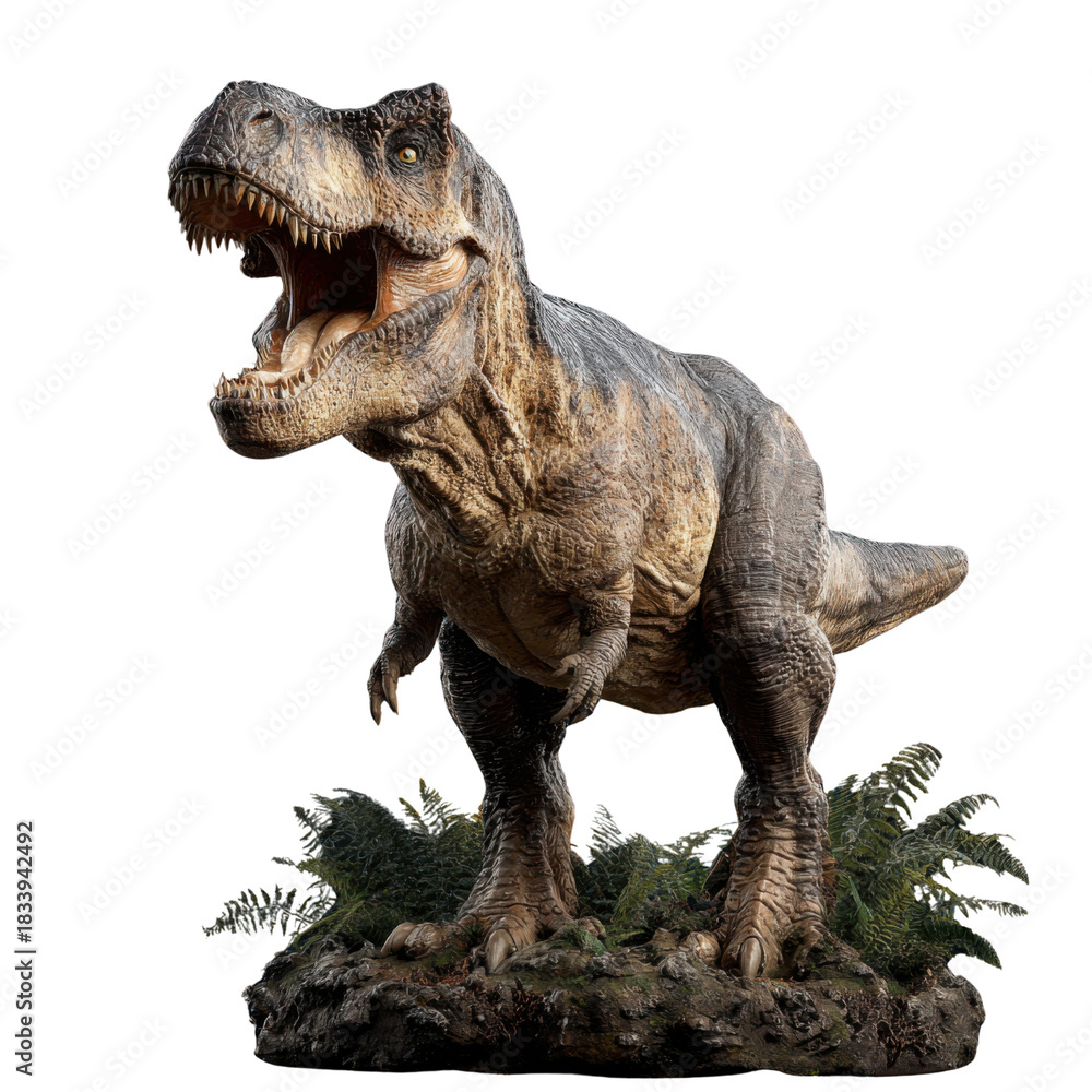 Fototapeta premium Tyrannosaurus Rex: A fearsome Tyrannosaurus Rex statue, jaws agape, stands poised to strike amid a bed of lush foliage, depicting an iconic prehistoric predator.