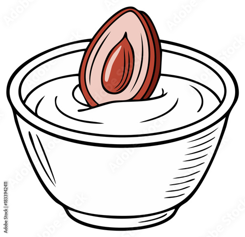 Sweet plum fruit half dipping into a delicious bowl of creamy white yogurt illustration