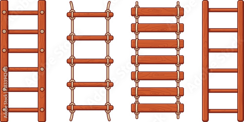 A realistic vector set of four different wooden climbing ladders, including fixed rung and flexible rope ladders, perfect for playground designs, adventure themes, construction, and safety concepts.