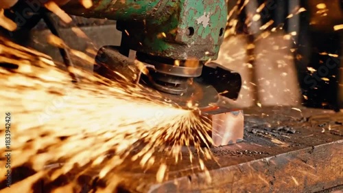 Grinding metal with an angle grinder creating bright orange sparks